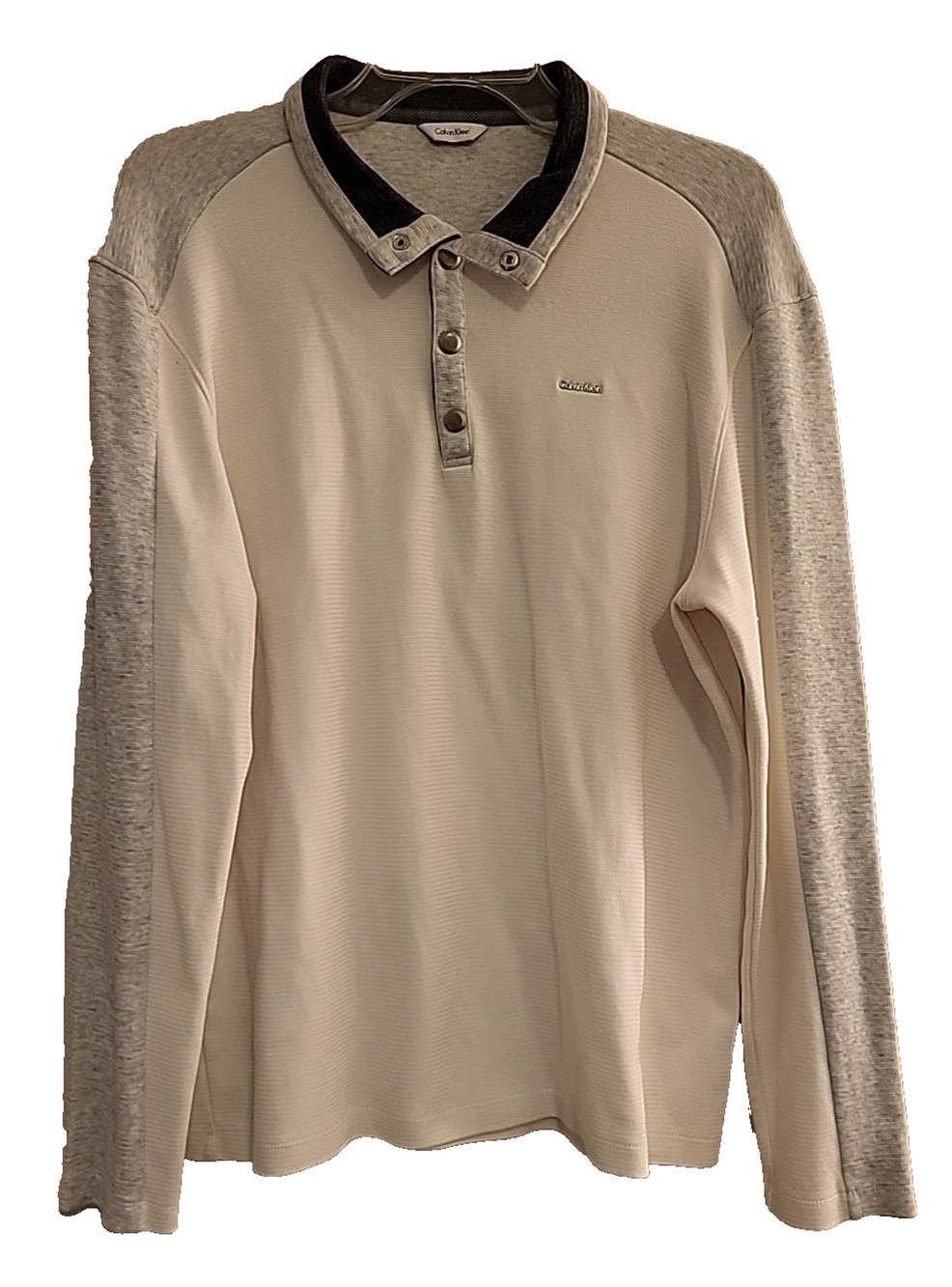 Calvin Klein Men's Large White Gray Side Stripe S/S Polo Shirt Long Sleeve Large